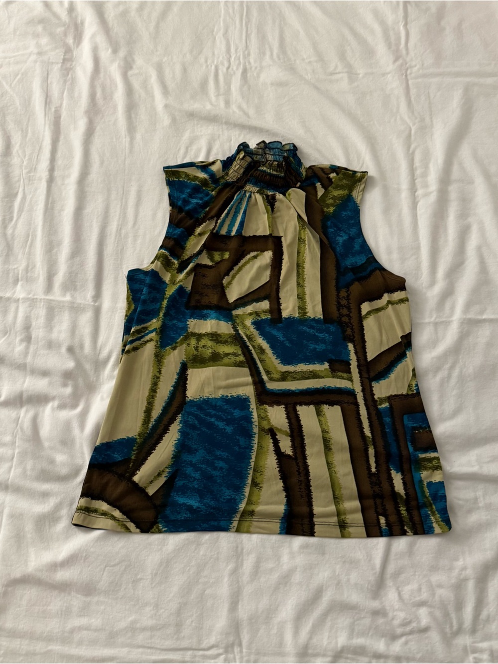 Vintage Y2K blue, brown, and beige abstract geometric print blouse size L